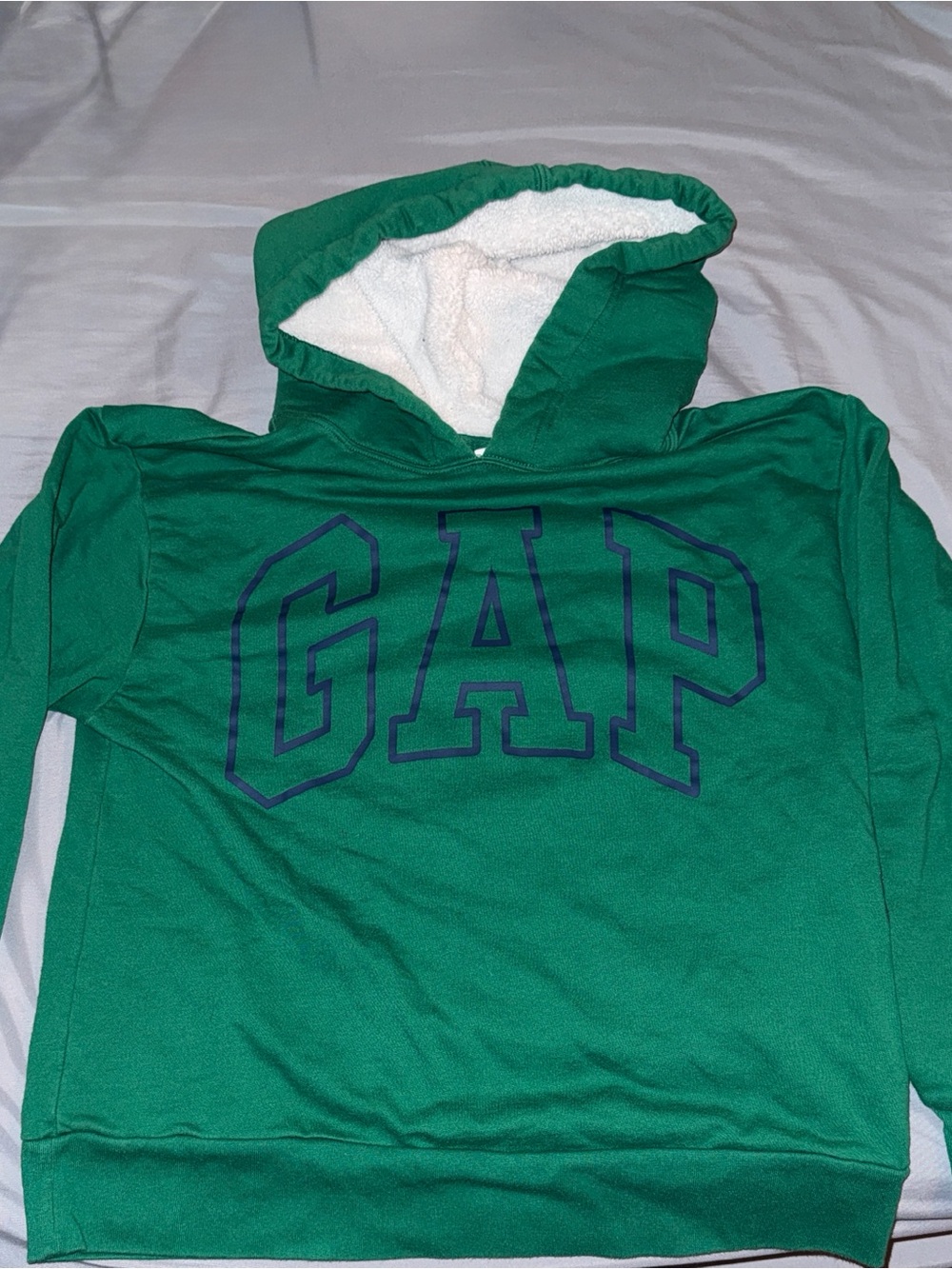GAP Green Hoodie with Navy Logo and White Sherpa Hood